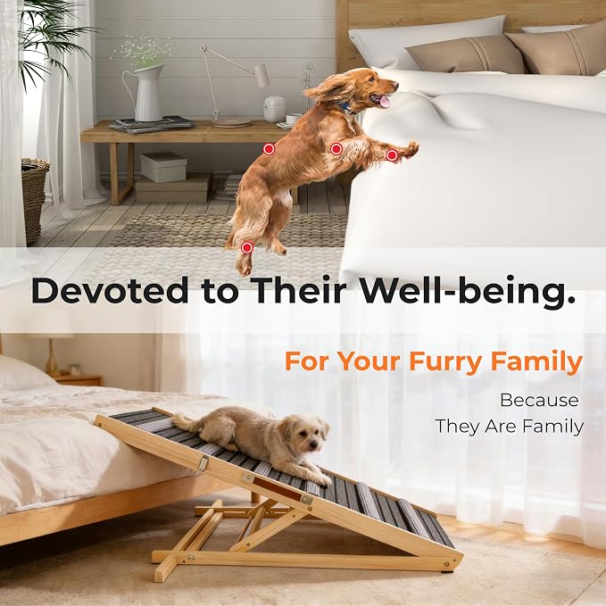 Dog Ramp for Couch and Bed, Portable Pet Ramp with 6 Adjustable Heights (14''-25''), Stable Pine Wood Pet Steps with Non-Slip Surface for Small Dogs and Cats
