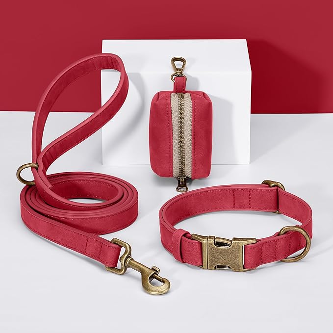Didog Stylish Dog Poop Bag Holder for Leash, Easy-Pull and Colorful PU Leather Dog Poop Bag Dispenser with Metal Clip, Includes 1 Roll Pet Waste Bag for Daily Walking,Red