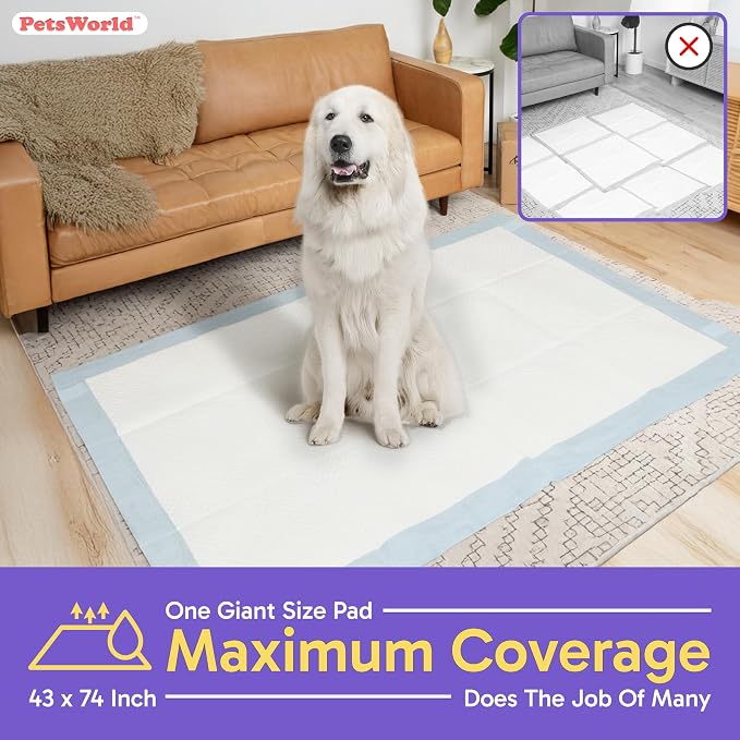 PETSWORLD Premium Extra Large Dog Pee Pads (43" x 74") – Jumbo Puppy Training & Incontinence Pads for Large Dogs & Multi-Pet Homes – Leak-Proof, Odor Control, 5-Layer Absorbency, 50 Count
