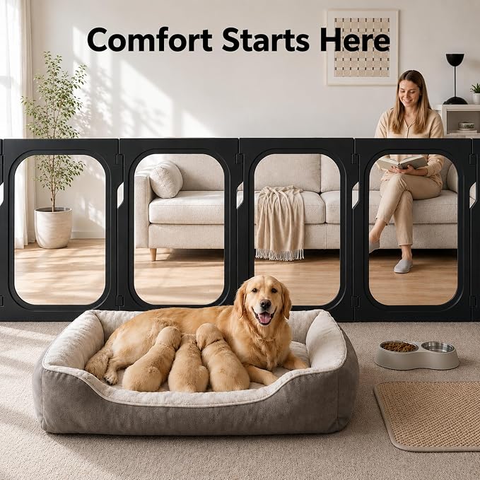 Acrylic Clear Dog Playpen Indoor with Door, 26'' H Transparent Dog Play Pen for Small Dogs, No-Connector Modular Puppy Playpen with Integrated Suction Cups Base, 10 Panels, Black