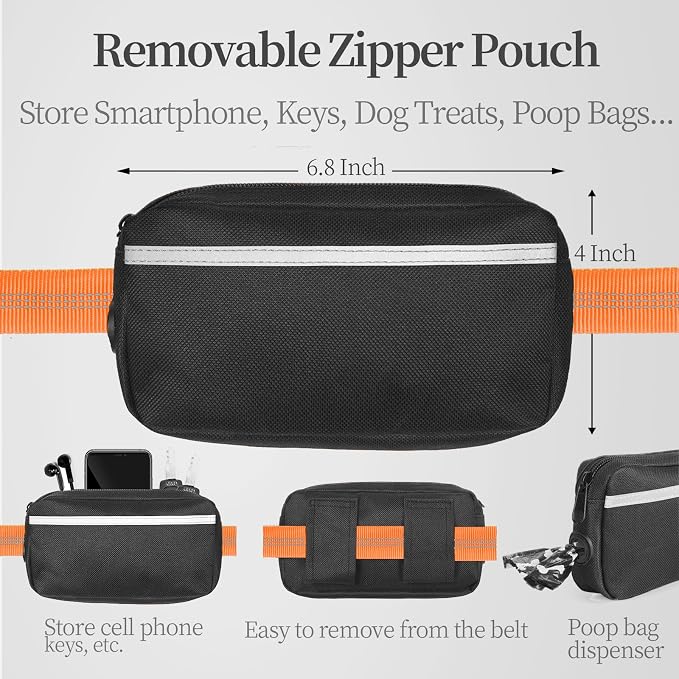 iYoShop Hands Free Dog Leash with Zipper Pouch, Large, 25-120 LBS, Orange | Waist Leash, Dual Padded Handles, Shock-Absorbing Bungee, Adjustable Waist Belt, Walking and Running