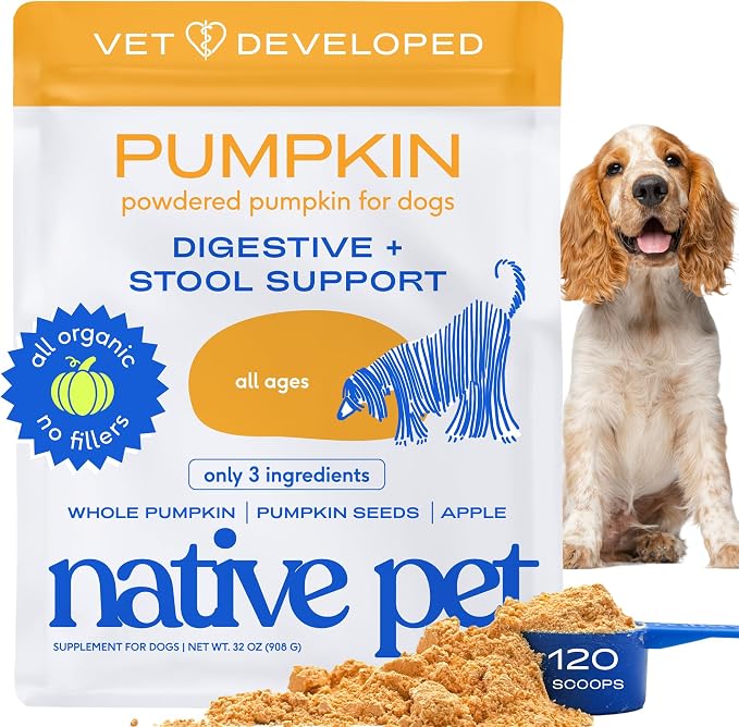 Native Pet Pumpkin for Dogs - Organic Dog Food Topper Powder - Promotes Firm Stools, Supports Digestive, Bowel Health & Nutrient Absorption - USDA Organic, Rich in Fiber with Real Pumpkin -120 Scoops