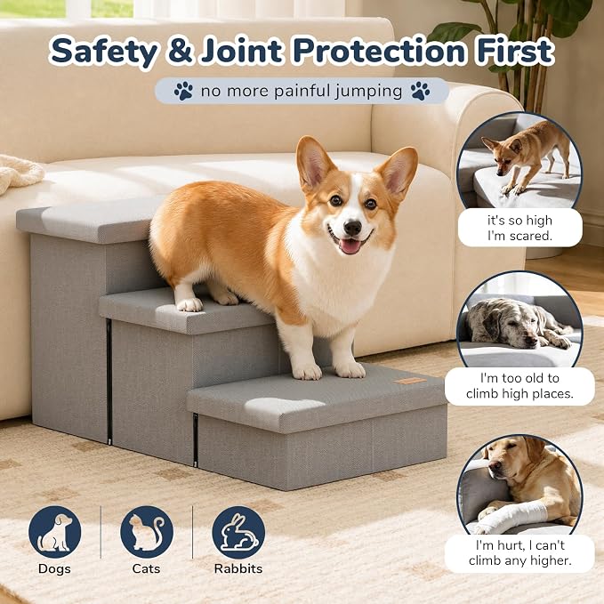 3-Step Wide Dog Stairs with Hidden Storage 18" H, Non-Slip Dog Steps for High Bed Couch Window Car, Jiont-Friendly Pet Stairs Ramp for Small/Medium/Large Old Dogs Cats Up to 220lbs, Grey