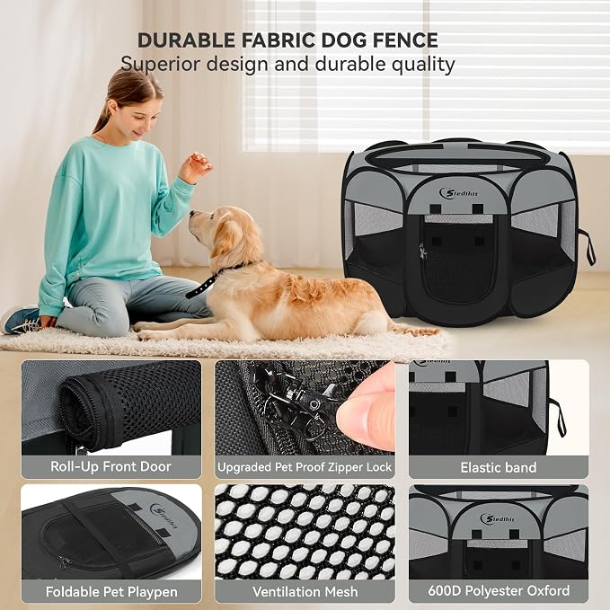 Siedihit Dark Grey Puppy Playpen for Large Dog Cat, Dogs Tent Crates Cage Indoor/Outdoor, Portable Pop Up Dog Kennel with Carrying Bag for Rabbits, (Dark Grey, Large)