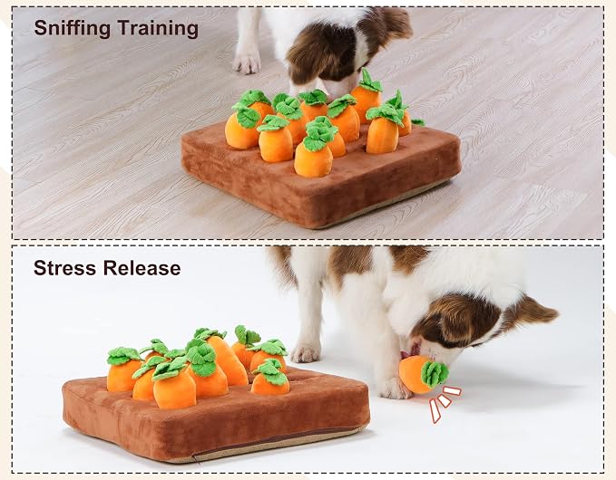 Squeak Carrot Snuffle Mat & Puzzle Toy for Dogs Enrichment with 12 Carrots | Sniff Mat & Interactive Toy, Hide Treats in 12 Carrots, Non-Slip Base, Foraging & Mental Stimulation, Durable & Easy Clean