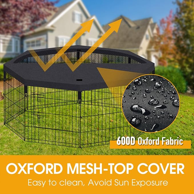 Dog Playpen Top Cover Only for 8 Panel 24 Inch Pet Playpen, Black Mesh Shade Cover for Small Medium Pets, Indoor Outdoor Use, Octagonal Shape, Fence Panels Not Included