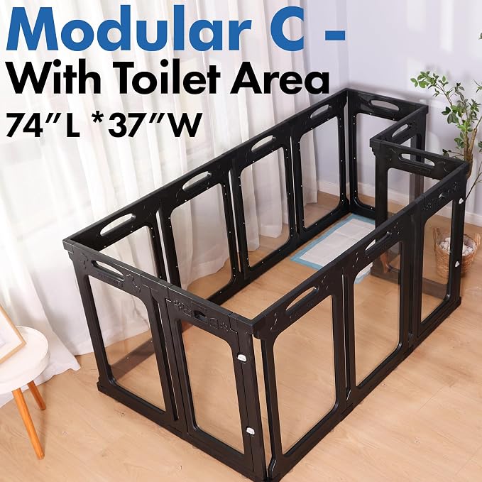 12 Panels Clear Dog Playpen, Modular 2 Room & Toilet Area, Ideal for Small & Toy Dogs, Black