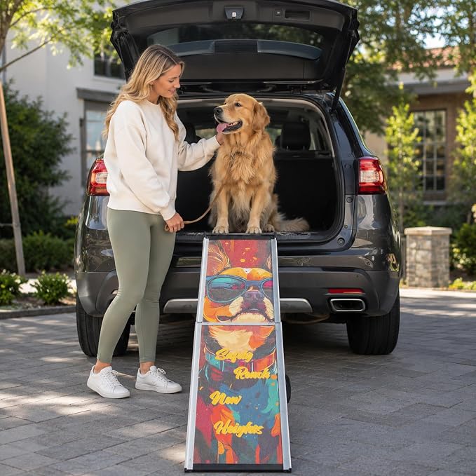 Aluminum Dog Ramp for Car, 64" x 17" Telescoping Pet Ramp for Large Dogs, Portable Dog Car Ramp with Non-Slip Sandpaper Surface, Outdoor Dog Ramp Up to 330 lbs, for Cars SUVs Trucks
