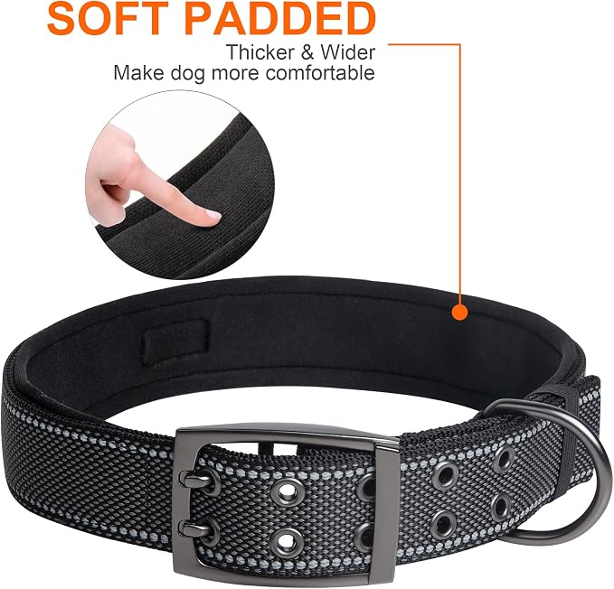 Fida Heavy Duty Dog Collar for Large Dogs with Metal Belt Buckle, Black | 1.5" Width, Soft Neoprene Padded, Thicker Nylon Webbing, Adjustable Fit, Reflective Stitching for Night Safety