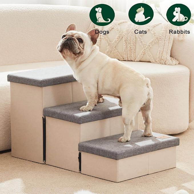 Love's cabin Dog Stairs for High Bed 18" H, Foldable Pet Stairs for Small Medium or Large Dogs Puppy with Storage for Bed or Couch, Cat Dog Steps Ramp with Zip up to 200 lbs, Light Grey, 3 Steps