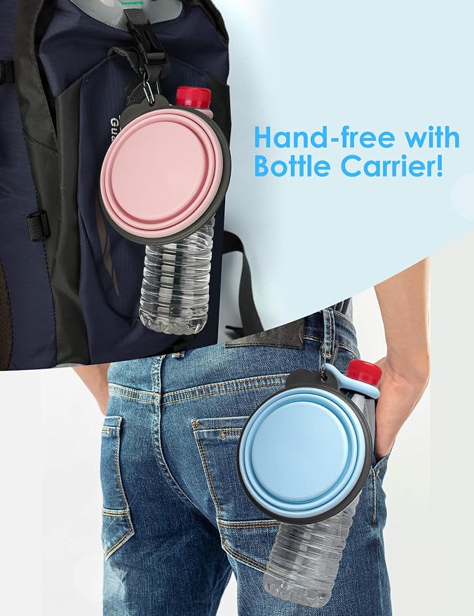 Aonkey Collapsible Dog Bowls with Bottle Carrier, 2 Pack, 37oz, Blue & Pink