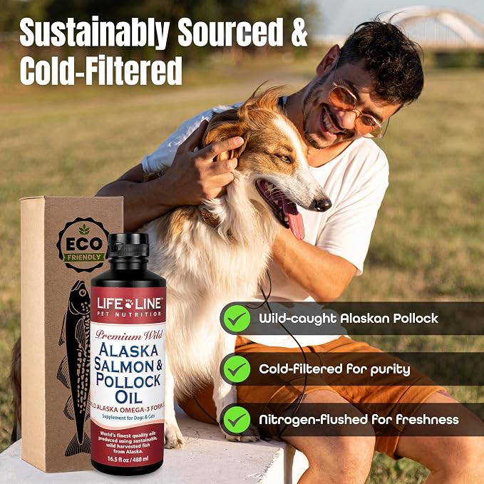 Life Line Pet Nutrition Wild Alaska Salmon & Pollock Oil - Omega 3 Supplement for Dogs and Cats in All Life Stages, 16.5 Fl Oz