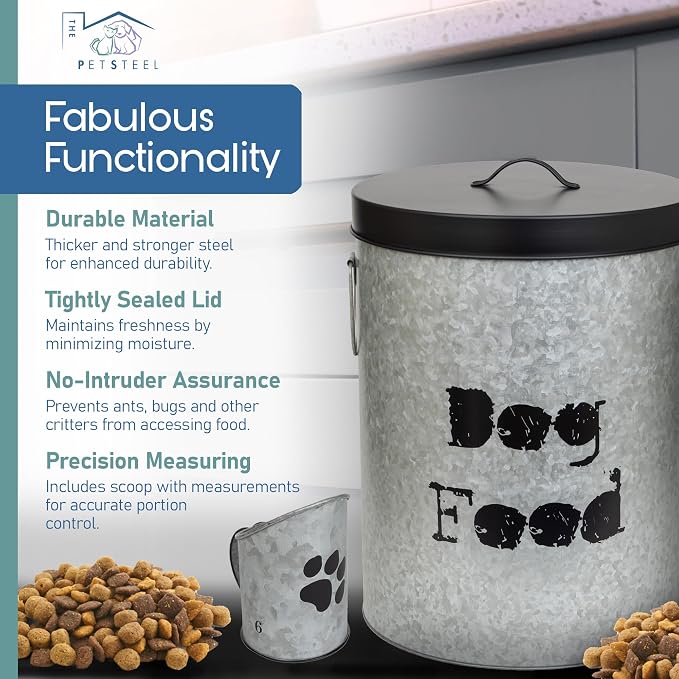 Medium Dog Up To 40lb Pet Food Storage Canister with Scoop – Durable & Airtight for Freshnesss, Minimalist Design & Recyclable, Medium Metal Container (Dog Bin - Medium Size)