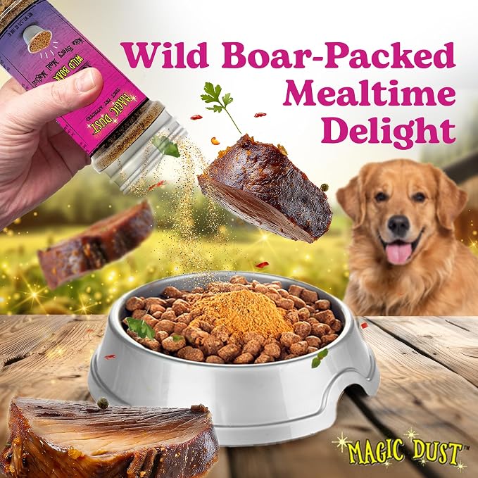 Magic Dust Wild Boar Jerky Topper, Single Protein Pet Food Topper for Dogs & Cats, Enhance Flavor & Elevate Mealtime Excitement for Picky Eaters - 3.5oz Bottle in Wild Boar Flavor