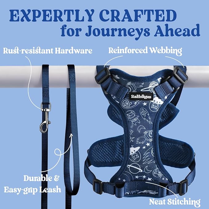 rabbitgoo Cat Harness and Leash Set, Escape Proof Vest, Cosmic Ace | Soft Breathable Mesh, Easy Adjustable Fit, Snap Buckles, Sturdy Clip, Reflective Strips, for Medium to Large Cats Walks, M