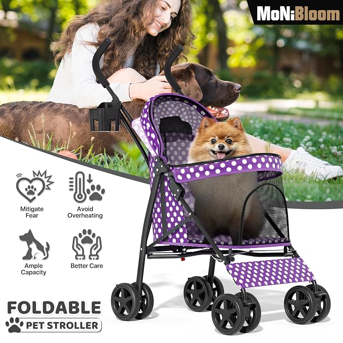 MoNiBloom 4-Wheel Foldable Pet Stroller - Purple Polka Dots
