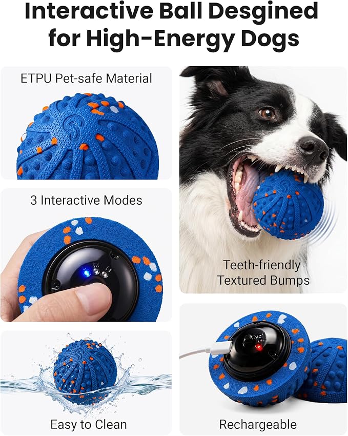 Interactive Dog Toys with Teeth-Friendly Bumps, 3 Modes, ETPU Material | Rechargeable Automatic Interactive Dog Balls for Medium and Large Dogs to Keep Them Busy