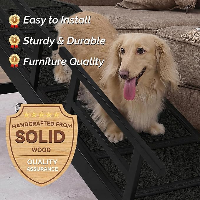 Dog Ramp for Bed or Couch, Wooden Pet Ramp with 20° Gentle Slope, Removable Side Rails, Non-Slip Surface, Top Platform & Wheels, Safe Bed Ramp for Small, Large & Senior Dogs, 60" Long, Black