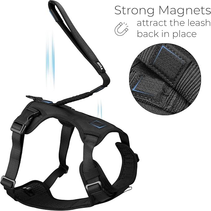 TUG Grab Dog Harness with Built-in Magnetic Traffic Leash (Large/Black) | Padded Magnetic Traffic Leash | Dual Leash Clips | 4-Point Adjustable Fit | Durable Nylon