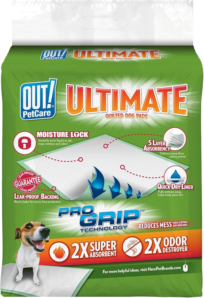 OUT! Petcare Large Dog Pee Pads, Disposable Quilted Training Pads with Pro-Grip, Leak Proof Absorbent Backing, Fast Drying, Puppy Housebreaking, Non Slip, Indoor Pet Potty Supplies, 21x21, 50 Count