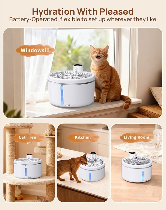 Wireless Cat Water Fountain [with Stainless Steel Tray], 102oz/3L Pet Fountain for Cats Inside, Cat Fountain for Drinking with Motion Sensor, Ultra Quiet for Small Animals-[BPA-Free] (102oz+2Filters)