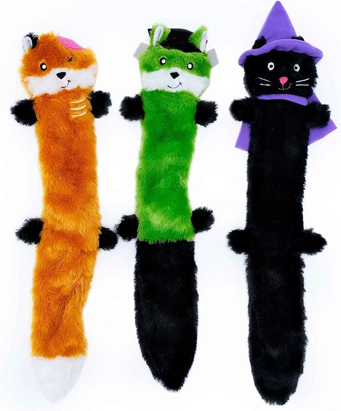 ZippyPaws Halloween Skinny Peltz-Zombie Fox,Franken-Weasel,&Witch Cat No Stuffing Squeaky Dog Toys,Flat Unstuffed Puppy Toy for Small & Medium Breeds,Multi-Pack of 3,18'',Orange,Green,PurpleZP1610)