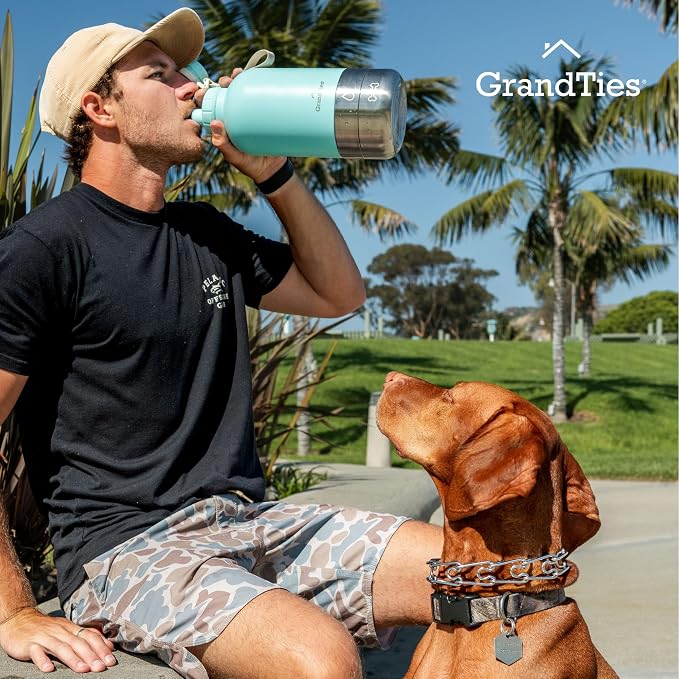 GrandTies Insulated Portable Dog Water Bottle with 2 Detachable Bowls, 32oz, Powder Green