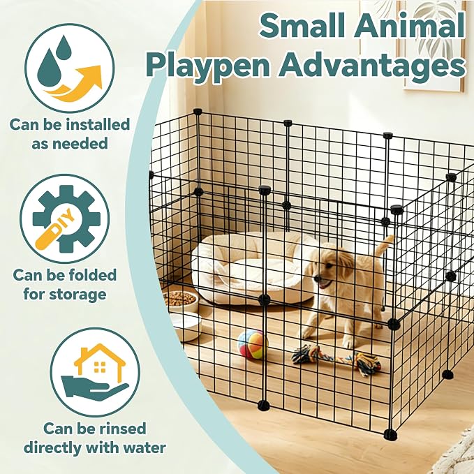 16 Panels Small Animal Playpen, Dog Puppy Playpen, Bunny Pen, Guinea Pig Cages, Rabbit Enclosure Indoor, Indoor Outdoor Black Metal Wire Yard Fence