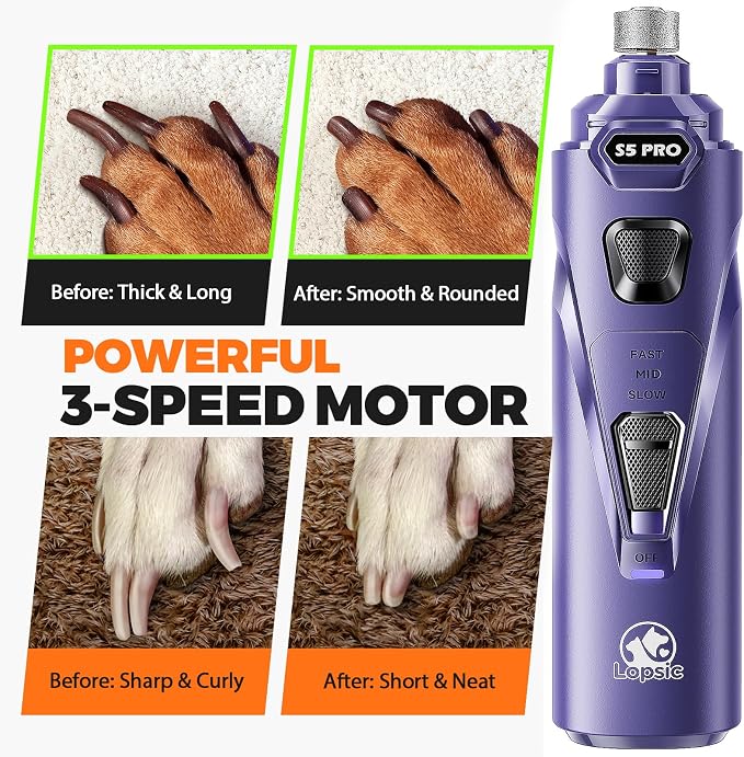 Whisper Quiet Dog Nail Grinder with 4 LED Lights, 3-Speed, Blue