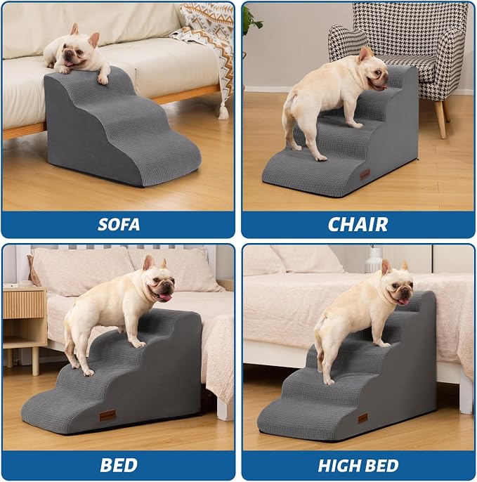Aodisman Dog Steps for Bed, 4-Step Dog Stairs Ramp for Small Dogs and Cats, Indoor Non-Slip Pet Stairs Suitable for Older, Short-Legged, and Puppy Dogs to Climb onto High Beds and Couch, 17.4" H,Grey