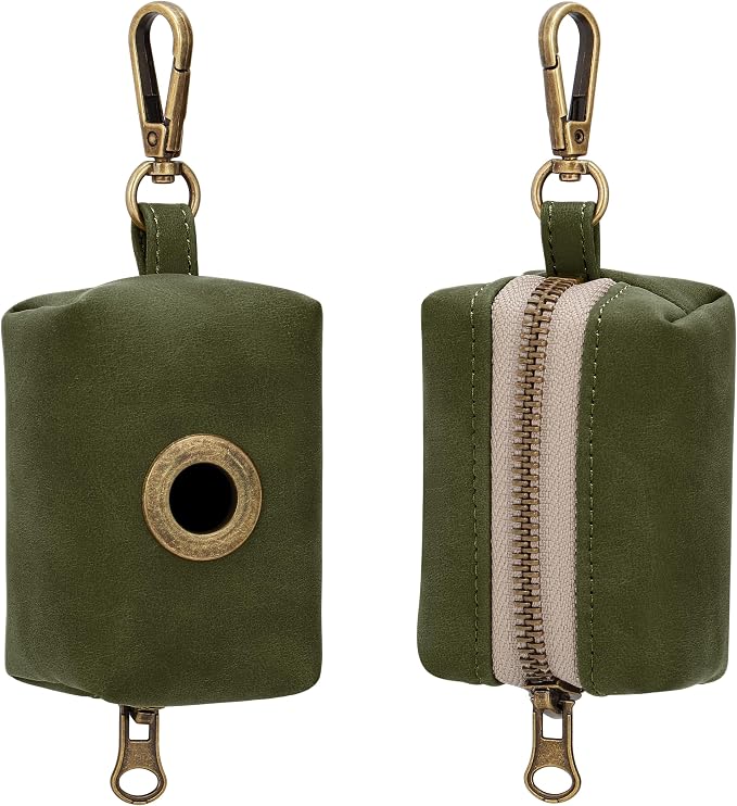 Didog Stylish Dog Poop Bag Holder for Leash, Easy-Pull and Colorful PU Leather Dog Poop Bag Dispenser with Metal Clip, Includes 1 Roll Pet Waste Bag for Daily Walking,Dark Green