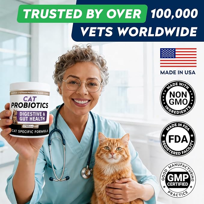 STRELLALAB Cat Probiotics Powder, 108 Scoops – Daily Probiotic for Cats