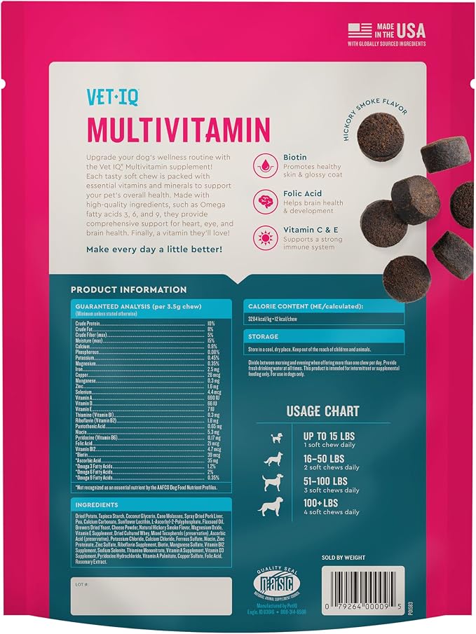 VetIQ 8-in-1 Multifunctional Dog Supplement Chews, 90ct | Supports hip & joint, urinary, immune, skin & heart health; 8-in-1 daily soft chew; made in USA; all-in-one wellness