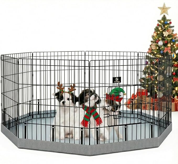 PJYuCien Octagonal Dog Playpen with Bottom Pad - Metal Foldable Exercise Pen, 8 Panels 24" H x 24" W Indoor Outdoor Pet Fence Puppy Crate Kennel, Gray