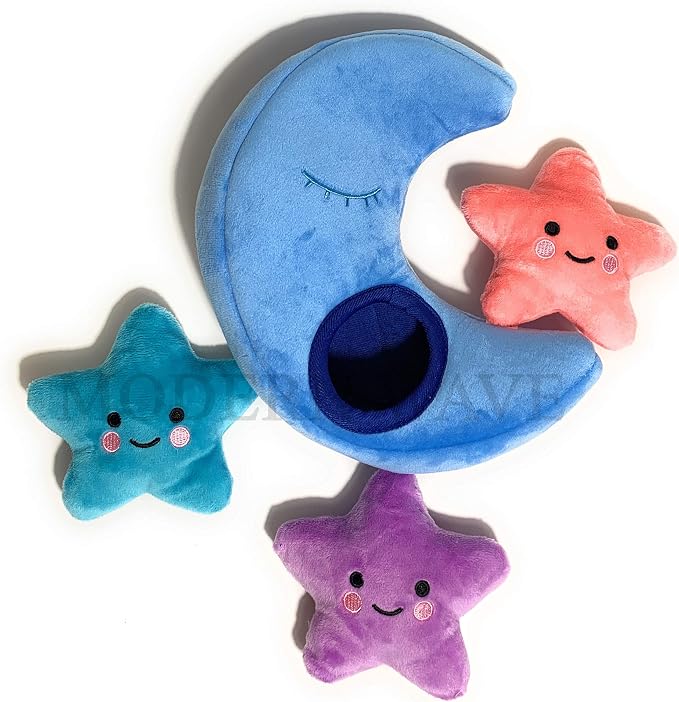 MODERN WAVE - Interactive Squeaky Plush Hide and Seek Squirrel Type Puzzle Toy for Dogs, Small Size (Moon and Stars)