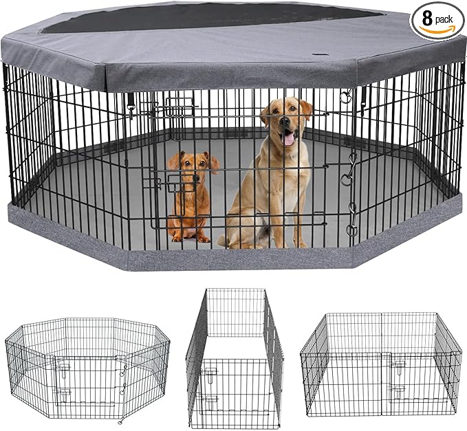 PETIME Foldable Metal Dog Exercise Pen/Pet Puppy Playpen Kennels Yard Fence Indoor/Outdoor 8 Panel 24" W x 36" H with Top Cover and Bottom Pad (Playpen+Bottom+Top Cover, 8 Panels 36" H)