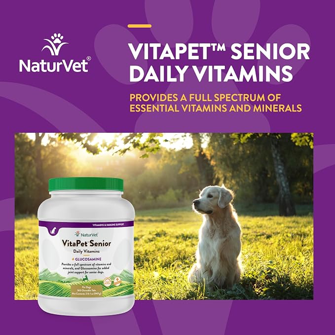 NaturVet VitaPet Senior Daily Vitamin Dog Supplements - 365 Ct | Full Spectrum of Vitamins & Minerals, Enhanced with Glucosamine for Added Joint Support, 365 Time Release Tablets