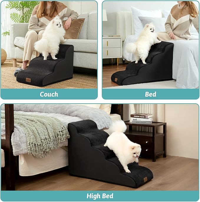 COZY KISS Dog Stairs for Small Dogs 19.7" H, Curved Dog Step for Puppy, Older or Cat, Medium Pet Ramp for Sofa, Couch or Bed, Ladder with High Density Foam, 4 Step, 15.7x28.3x19.7 inch, Black