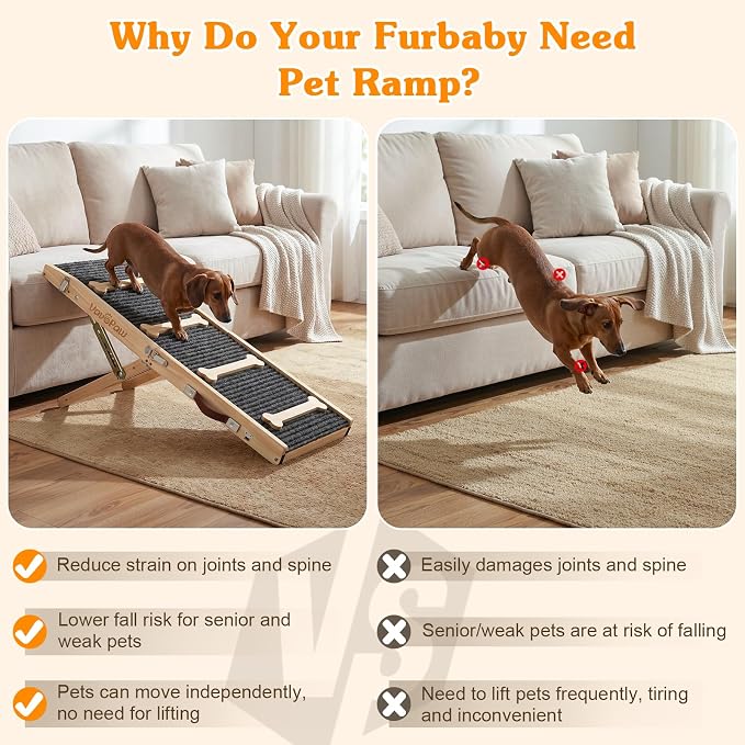 VavoPaw Upgraded Dog Ramp for Couch, 7 Adjustable Height from 2.4"-18.5", Portable Pet Steps with Non-Slip Pad, Foldable Dog Ramps for Small Dogs, Pet Ramp for Couch Sofa Stairs