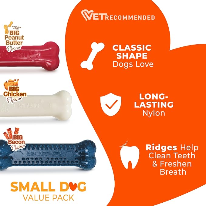 Nylabone Power Chew Original Bone Dog Chew Toys, Small, 3 Count | Peanut butter, chicken, and bacon flavor, durable dog toys for aggressive chewers, helps clean teeth, for dogs up to 25 lbs