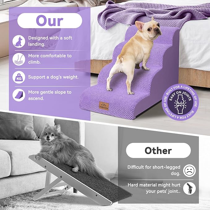 Zerbuger Dog Ramp and Stair for Bed 16" H-20 H,3-Step Cat Stair for Sofa and Chair,4-Step Dog Ramp for High Bed and Window,Durable Nonslip Fabric Cover for Indoor (Purple-20 H, Pet Friendly, 4)
