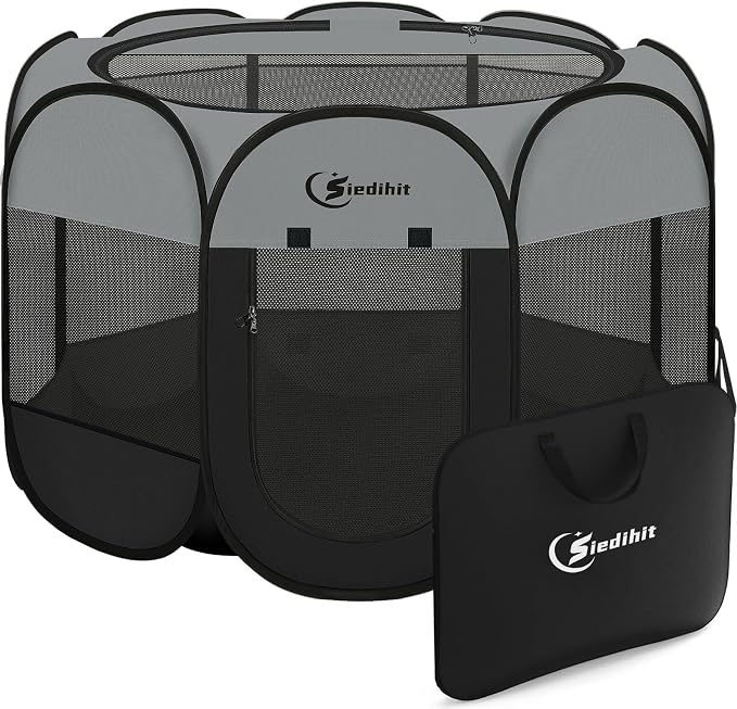 Siedihit Playpen for Extra Large Dog Cat, Dogs Tent Crate Cage Indoor/Outdoor, Portable Pop Up Dog Kennel with Carrying Bag for Rabbits, Removable Top (Dark Grey, Extra Large)