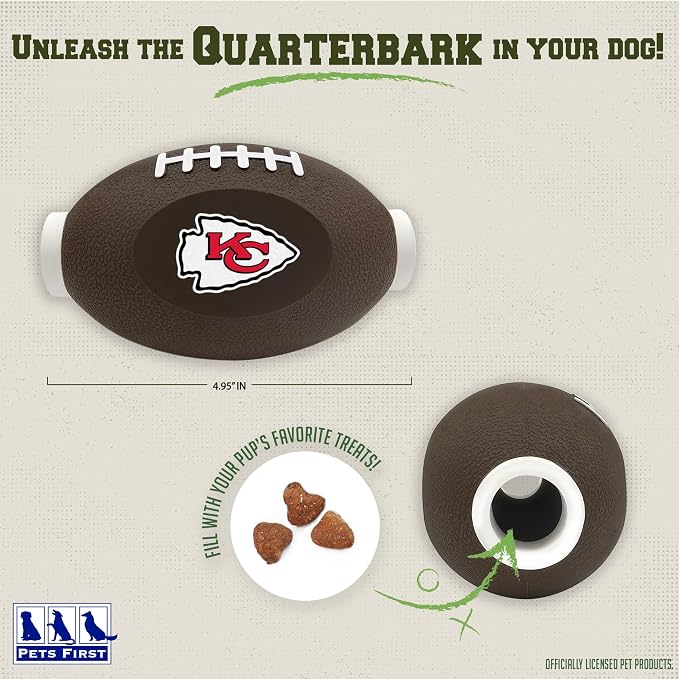 Pets First NFL Kansas City Chiefs Football Treat Dispensing Toy for Dogs, Cats - Interactive Fun, Natural Rubber Toy