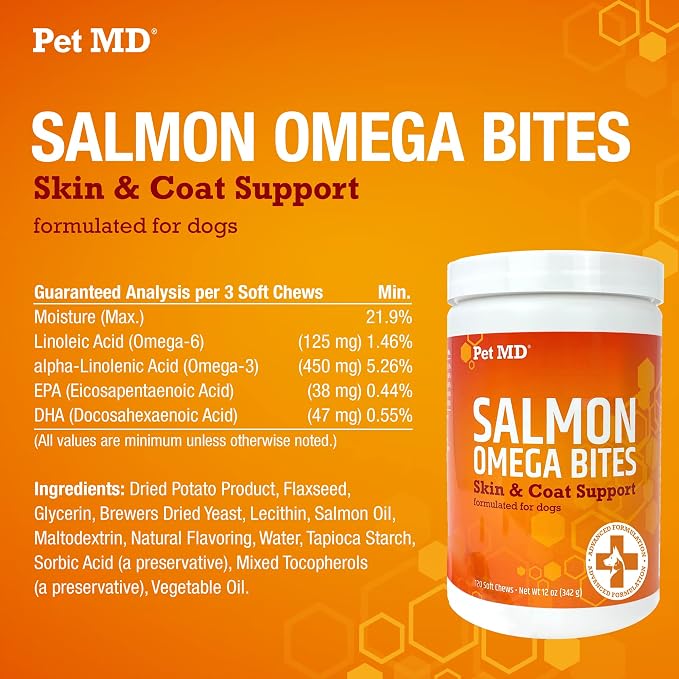Pet MD Salmon Oil Chews for Dogs - Dog Skin and Coat Supplement - 120ct