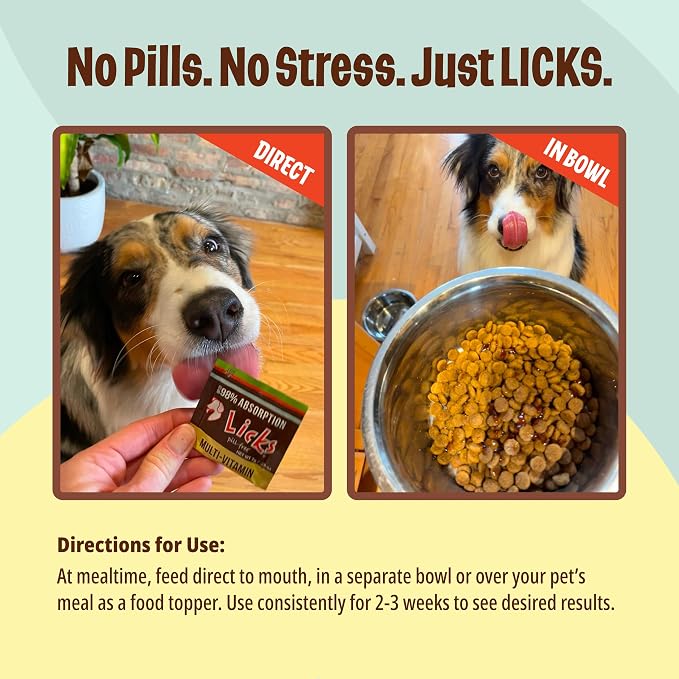 Licks Multi-Vitamin, Calcium & Vitamin B12, for Dogs, 30 Packets | Daily Nutritional Support for Puppies, Adults and Seniors, Canine Multivitamin with Vitamin A, D, E and B12, Pill-Free