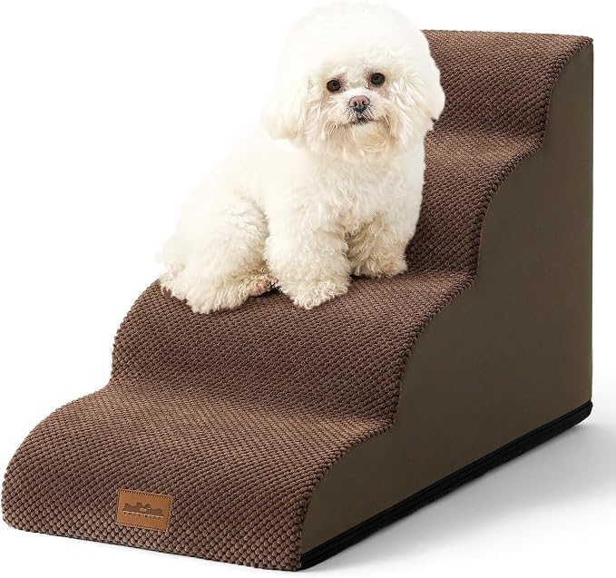 COZY KISS Wide Dog Stairs for Small Dog 19.7" H, 4 Step Pet Ramp for Bed | Curved Stable Dog Step for Puppy, Older Cat, Senior, Medium, Short-Legged Dog, Non-Slip Ladder, 17.7 inch Width, Brown