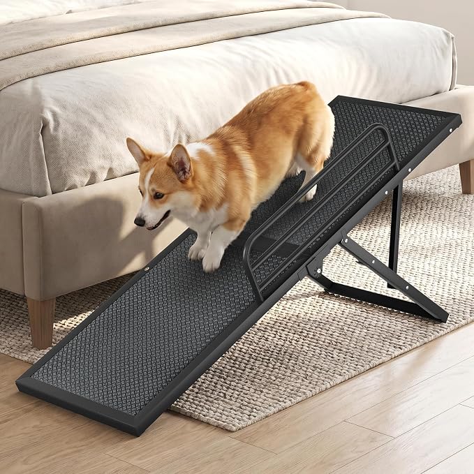 Dog Ramp for Bed, 5-Level Adjustable Pet Ramp with Side Safety Rails, 13.4"–18.3" Height Adjustable Foldable Ramp for Small to Large Dogs