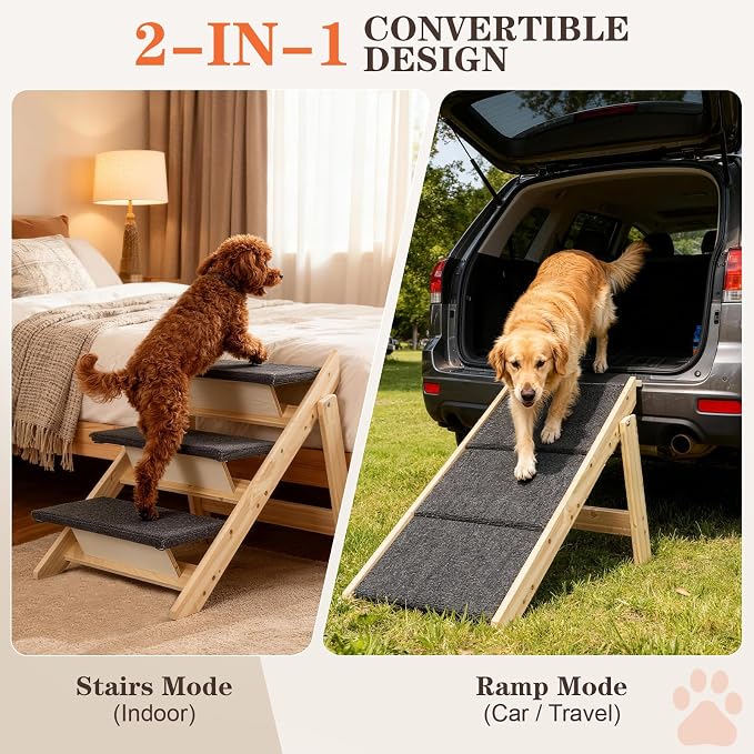 Dog Ramp, Durable Pet Stairs for High Beds, 2-in-1 Foldable Wooden Dog Steps for Couch and Car, Joint-Friendly Stairs for Senior Dogs, Non-Slip Carpeted Pet Steps with High-Weight Capacity