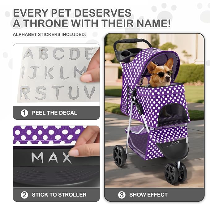MoNiBloom Foldable Pet Stroller - Purple Polka Dots, 3 Wheels