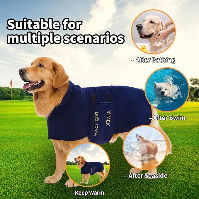 Dog Towel Dog Bathrobe, Microfiber Super Absorbent Pet, Quick Drying Robe for After Bath, Adjustable Collar & Belly Strap Pet Cat Bath Robe Towel blue-2XL